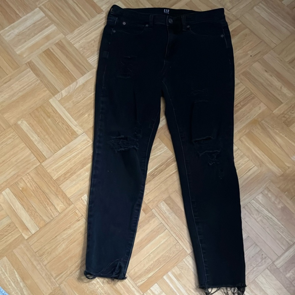 GAP true skinny black distressed holes raw hem jeans 29 EUC